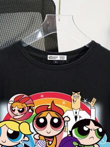 THE POWERPUFF GIRLS X SHEIN Crew Neck Loose Blossom, Bubbles, Buttercup Pattern Black Short Sleeve T-Shirt For Summer