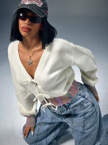 CasuGlow Women's Cute Bow Tie Multicolor Cuff And Hem Detailed V Neck Balloon Shape Sleeve Knitwear Cardigan Winter Y2k Clothes Women Tops Y2k Top White Back To School Y2k Top,Long Cardigans Woman,Petite Cardigans,Cardigans - White - View 2