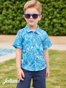 Joliand 1 pieza Camisa de manga corta con estampado de piña floral azul casual y elegante para vacaciones en la ciudad, adecuada para ocio, uso diario, viajes, hogar, playa, verano para niños pequeños