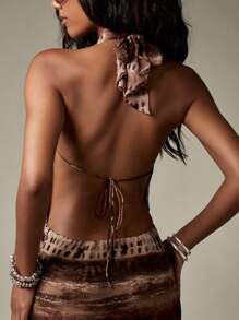 MISSGUIDED Plunge Neck Halter Mini Dress Asymmetric Ruffle Hem Backless Resort Evening Summer Party Chiffon Tie Dye Sleeveless