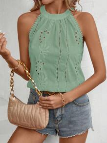 SHEIN Clasi 女士纯色和图案无袖衬衫 - 薄荷綠 - 查看 4