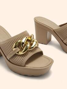 CUCCOO BASICS Women's Round Toe Thick Sole Metal Chain Apricot Knitted Material Comfortable Slip-On Sandals, Peep-Toe High Heel Mule Sandals
