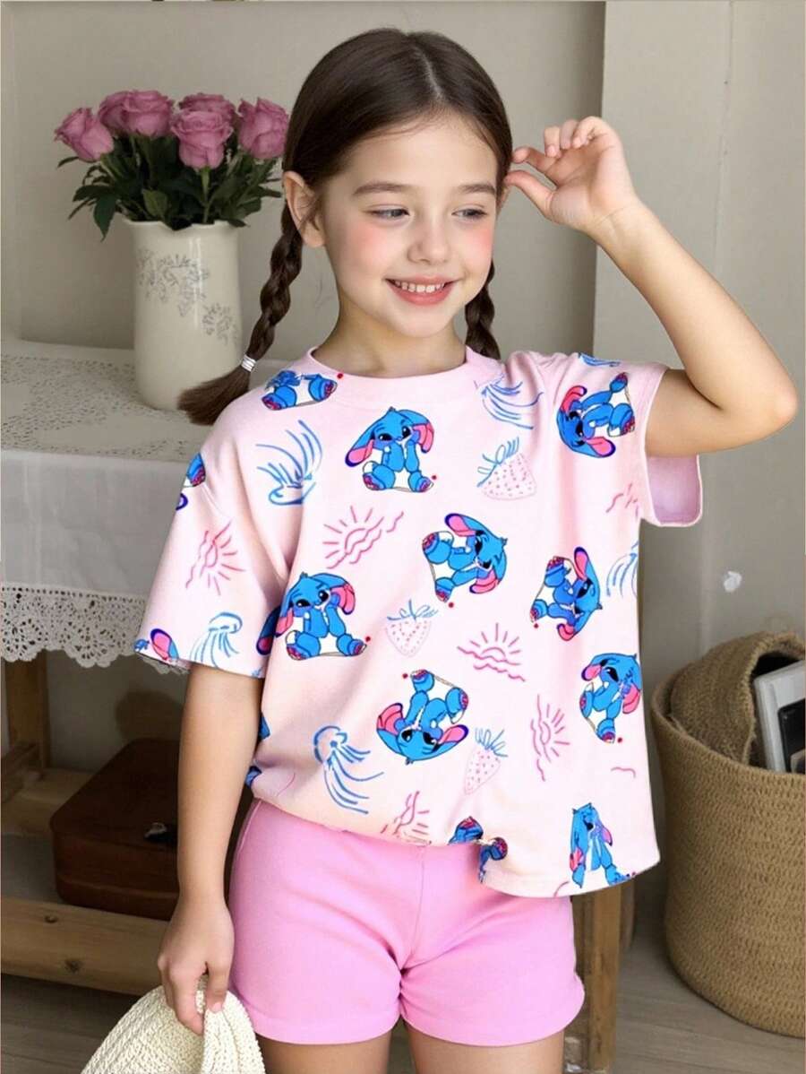 青少年女孩夏季休闲时尚舒适卡通动物和草莓印花短袖 T 恤和短裤套装,甜美风格服装,适合外出、居家、上学 - 粉色 - 查看 1
