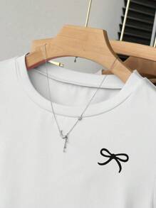 SHEIN Explorewe 女童休闲百搭简约胸前图案蝴蝶结装饰腰部抽绳短袖 3 件套 T 恤，适合学校、校园、学院