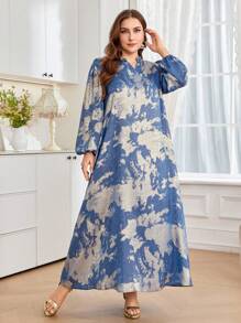 Al Najma 加大码烫印长袖阿拉伯风格连衣裙，休闲朴素的 Jalabiya 长裙，适合晚会/婚礼嘉宾/周年纪念