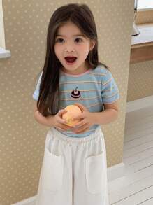 Hapijoa 女童圆领条纹卡通刺绣短袖T恤，夏季 - 藍色 - 查看 8