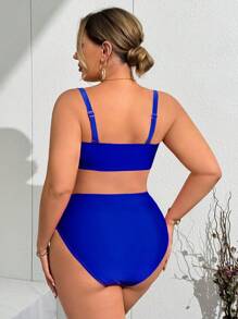 Slaydiva 大码女式多色拼接细肩带上衣，可拆卸肩带，彩色花卉装饰比基尼套装 + 高腰彩色花卉装饰泳裤 - 寶藍色 - 查看 2