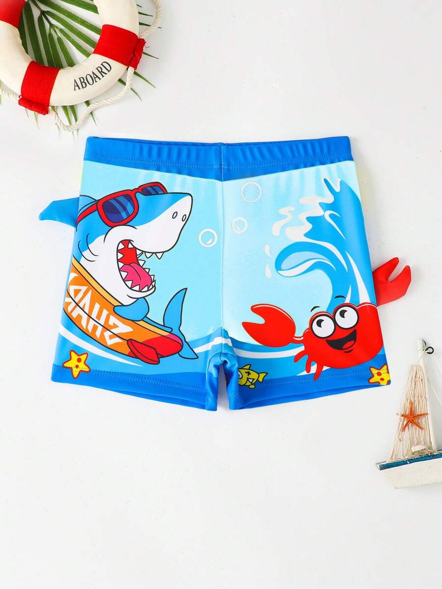Cartoon Shark Print Boys Swimming Trunks (Printed Location) - Blue - View 1