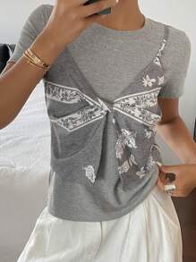 Livesso Splicing 2 In 1 Casual Short Sleeve Fitted Round Neck Summer Blouse For Women