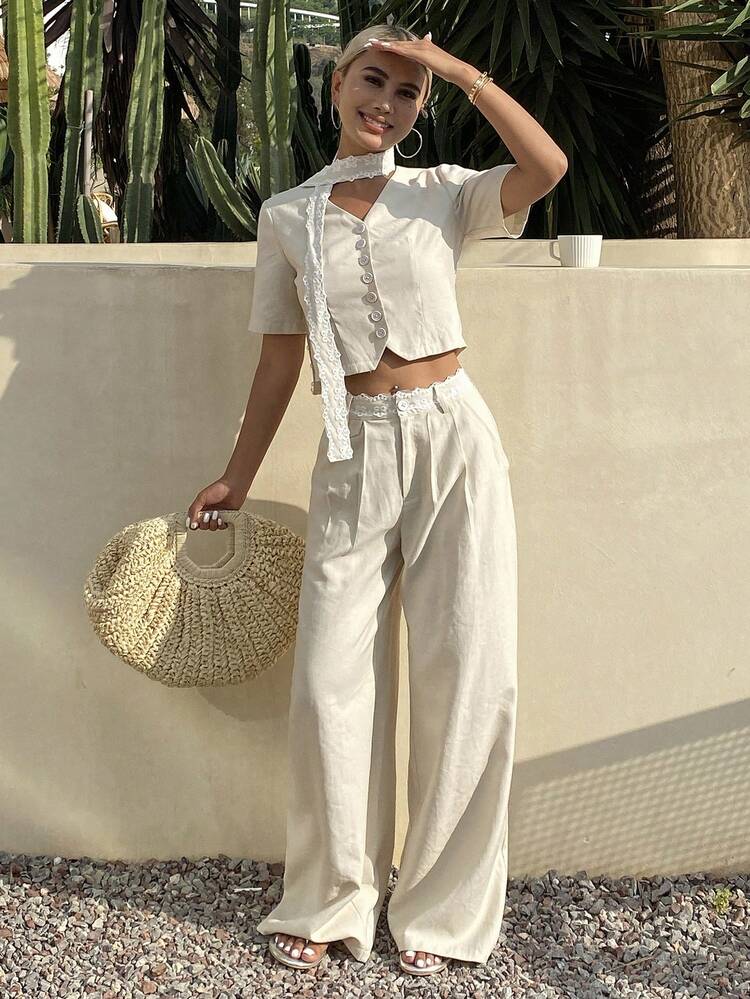 2pcs Women's Set: V-Neck Lace Patchwork Blouse & Wide Leg Pants, Vacation Style