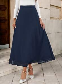Solivie Solid High Waist A-line Chiffon Skirt - Navy Blue - View 3
