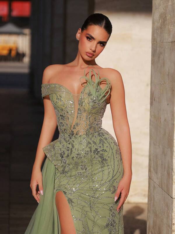 Glamrae Elegant Luxury Beaded & Sequin Satin Patchwork Thigh High Slit Mermaid Skirt With Flounce, Suitable For Weddings, Singles Parties, Vacations, Galas, Formal Events (Embellished Version),Graduation,Teacher Outfits For Women,Teacher Dress