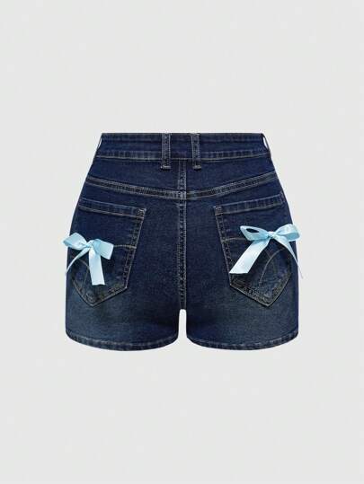 Kawaii Sommer Schleife Dekor süße Retro elastische hellblaue Jeans Shorts