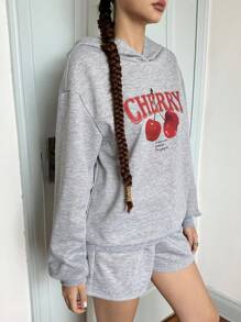 SHEIN Conjunto Casual de Moletom e Shorts Estampa de Cereja, Ajuste Folgado, Confortável, para Adolescentes - Cinza Claro - Visão 10