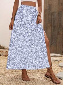 Breezaya 女士碎花印花开叉大腿长裙 度假海滩风 - 藍色 - 查看 5