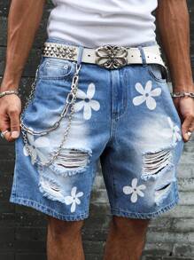Manfinity EMRG Shorts vaqueros casuales para hombre con bolsillo rasgado y estampado floral de color contrastante