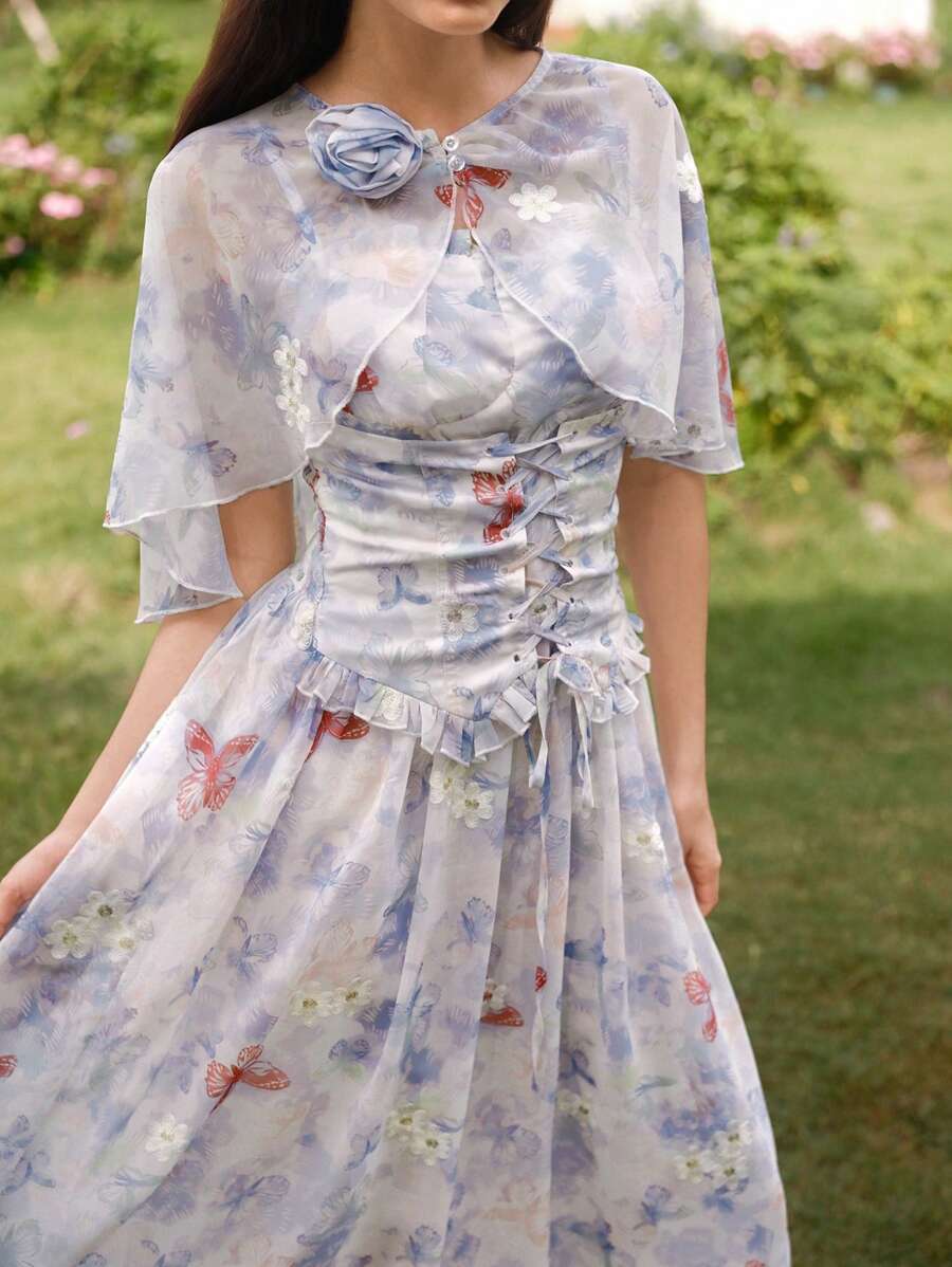 Modelyn 女款優雅蝴蝶結印花披肩領洋裝 - 淡紫色 - 查看 1