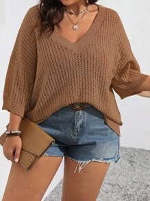 Franclia Maglione pullover taglia comoda, tinta unita, modello taglie forti con lavorazione traforata
