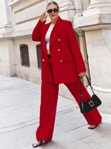 EURMUSE Women's Plus Size Simple Solid Color Daily Suit Set - Red - View 5