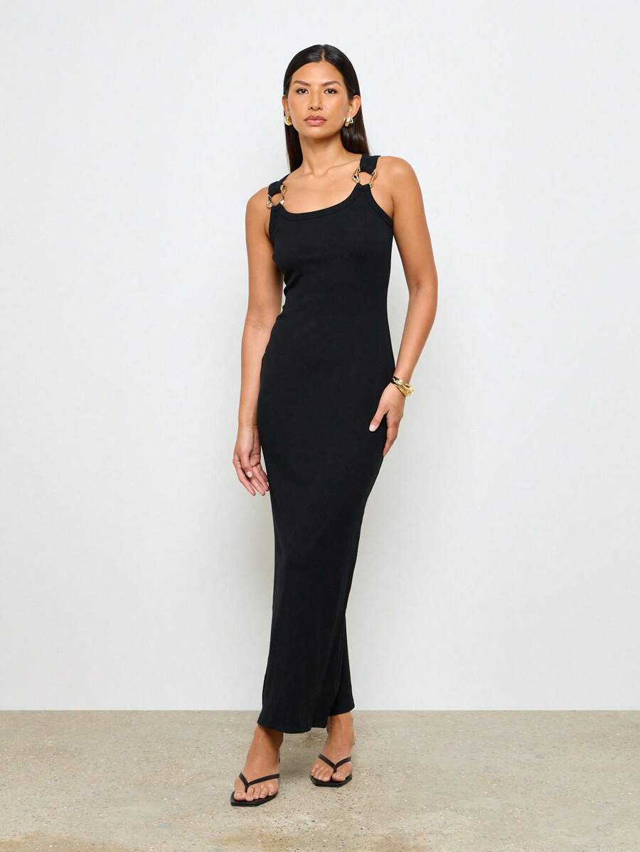 AiiRZ 长款吊带连衣裙，金色搭扣肩带，侧开衩，修身夏季无袖及地正式礼服