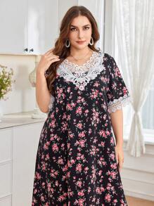 SHEIN Najma V 领短袖刺绣碎花蕾丝休闲宽松浪漫优雅束腰连衣裙，百搭舒适，适合大码女性，适合度假/度假