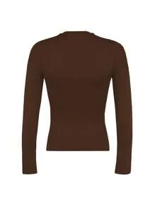 INAWLY Kaos Kasual Wanita Lengan Panjang Leher V Model Pendek dan Pas Badan, Pakaian Musim Gugur untuk Wanita - Coffee Brown - View 4