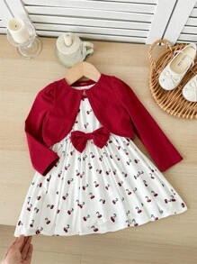 SHEIN Baby Girls Cute Versatile Casual Red Cardigan With Cherry Pattern & Bowknot Decor Knit Dress Set - Multicolor - View 6