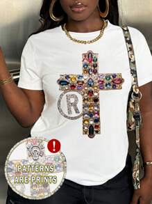 SHEIN Women's Round Neck Short Sleeve Printed Casual T-Shirt Graphic Tees Women Tops