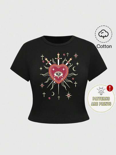 Goth Gothic Palace Glamorous Heart, Teardrop, Eye, Star Print Black Plus Size Women T-Shirt