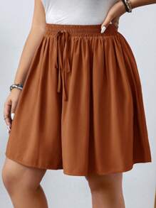 SHEIN LUNE Plus Size Plain Knot Detail Loose Summer Women Casual Shorts Plus Size Shorts High Waist Women Plus Size Shorts Brown Shorts Women Modest Shorts Brown Shorts - Mocha Brown - View 5
