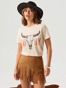 SHEIN LUNE Áo thun cổ tròn tay ngắn in họa tiết longhorn miền Tây rộng rãi thoải mái dành cho nữ, phù hợp cho mùa thu/đông - Màu be - Xem 4