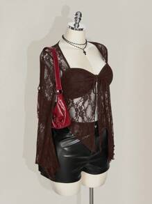 SHEIN ICON Plus Size Lace Bell Sleeve Square Neck Tie Front Top