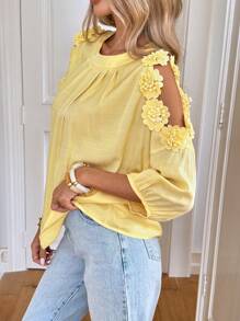 Easowa Women's Solid Color Applique Decor Off Shoulder Pleated Fashion Blouse Butter Yellow Fairycore Flowy Top Going Out Tops - Yellow - View 2