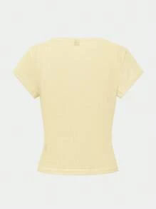 Zielony Sweet Lace Trim Short Sleeve T-Shirt For Women, New Summer Slim Fit 3-Button Half Sleeve Top