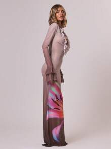 MUSERA Đầm maxi dáng ôm in hoa, tay bồng, cổ chữ V xẻ sâu, họa tiết hoa, thích hợp cho kỳ nghỉ xuân hè, đám cưới thanh lịch, lễ tốt nghiệp, tiệc trang trọng, kỳ nghỉ ở Ibiza, đám cưới trên bãi biển, hẹn hò lãng mạn, đầm dài mùa thu. - màu nâu - Xem 3