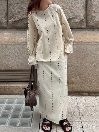 FRIFUL 女士夏季两件套服装 - 条纹镂空装饰印花宽松圆领衬衫和直筒裙，色块女士夏季服装女士加大码服装正式女士加大码服装商务休闲两件套女士裙子女士亚麻套装