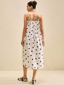 Muvela 女士波尔卡圆点吊带裙，时尚夏季度假连衣裙，优雅女士夏装 - 黑與白 - 查看 2