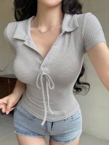 DAZY Summer Fitted Casual Textured Striped Bowknot Strap V-Neck Shirt Style Short Sleeve Blouse For Office Wear - Grey - View 1