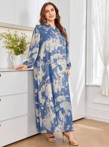 Al Najma 加大码烫印长袖阿拉伯风格连衣裙，休闲朴素的 Jalabiya 长裙，适合晚会/婚礼嘉宾/周年纪念