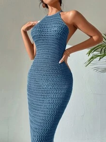 Breezaya 手工钩编纯色连衣裙，女士时尚夏装 - 霧霾藍 - 查看 4