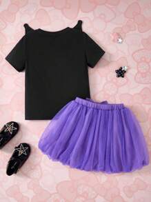 HELLO KITTY AND FRIENDS | SHEIN 年轻女孩卡通猫耳图案黑色可爱图案 T 恤和紫色薄纱裙套装，休闲装 - 紫色 - 查看 2