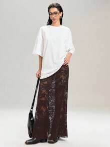 LYSMO 2025年新款女式花卉蕾丝长款时尚透明中长裙 - 棕色 - 查看 6