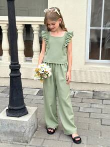 SHEIN Leap Crew Tween Girl 2 Pieces Set: Backless Bowknot Blouse With Ruffle Sleeves & Wide Leg Pants, Textured Fabric - Mint Green - View 11