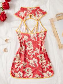 Fantasy Costume Lencería con corte y abertura para mujer, serie sexy con estampado - Rojo - Ver 7
