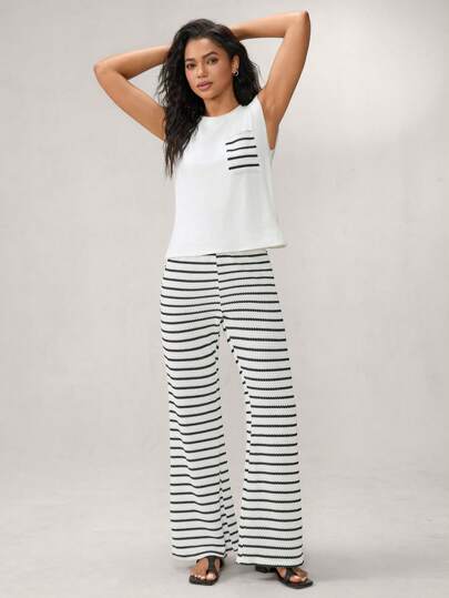Hanevo Summer New Arrival Modern Urban Casual Fashion Solid Color Splicing Stripe Pocket Sleeveless Pullover T-Shirt Top And Striped Knit Jacquard Flared Pants Women 2 Pieces Set Sportwear For Daily Wear