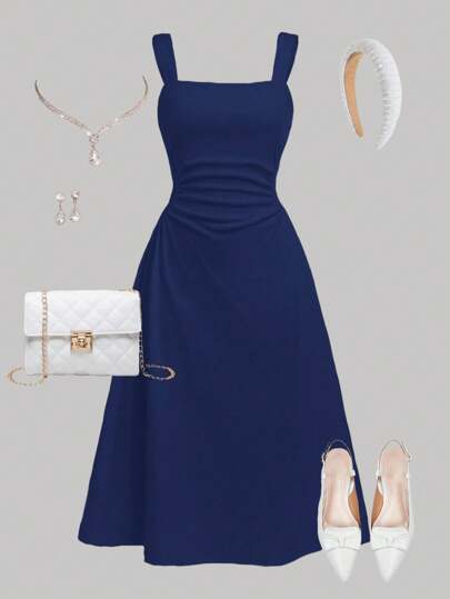 SHEIN Girlism 少女纯色针织方领荷叶边休闲优雅吊带裙