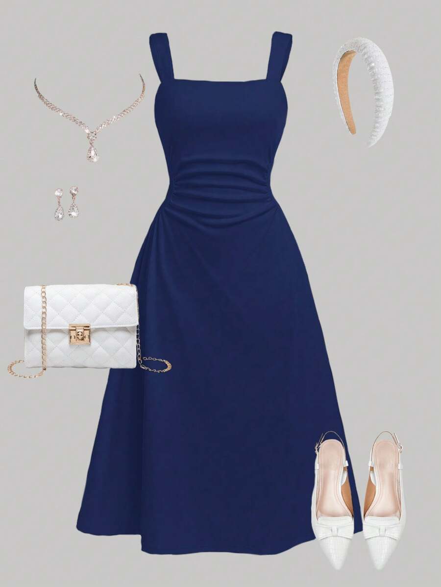 SHEIN Girlism Teen Girl Plain Knitted Square Neck Ruffle Casual Elegant Slip Dress Navy Dress Blue Dress Elegant Dress Classy Dress Formal Dress - Navy Blue - View 1