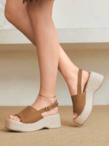 Styleloop 女士编织绳厚底坡跟凉鞋，度假风格波西米亚风复古美式西部音乐节派对厚底鞋 - 駝色 - 查看 1