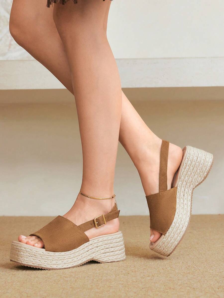 Styleloop 女士编织绳厚底坡跟凉鞋，度假风格波西米亚风复古美式西部音乐节派对厚底鞋 - 駝色 - 查看 1