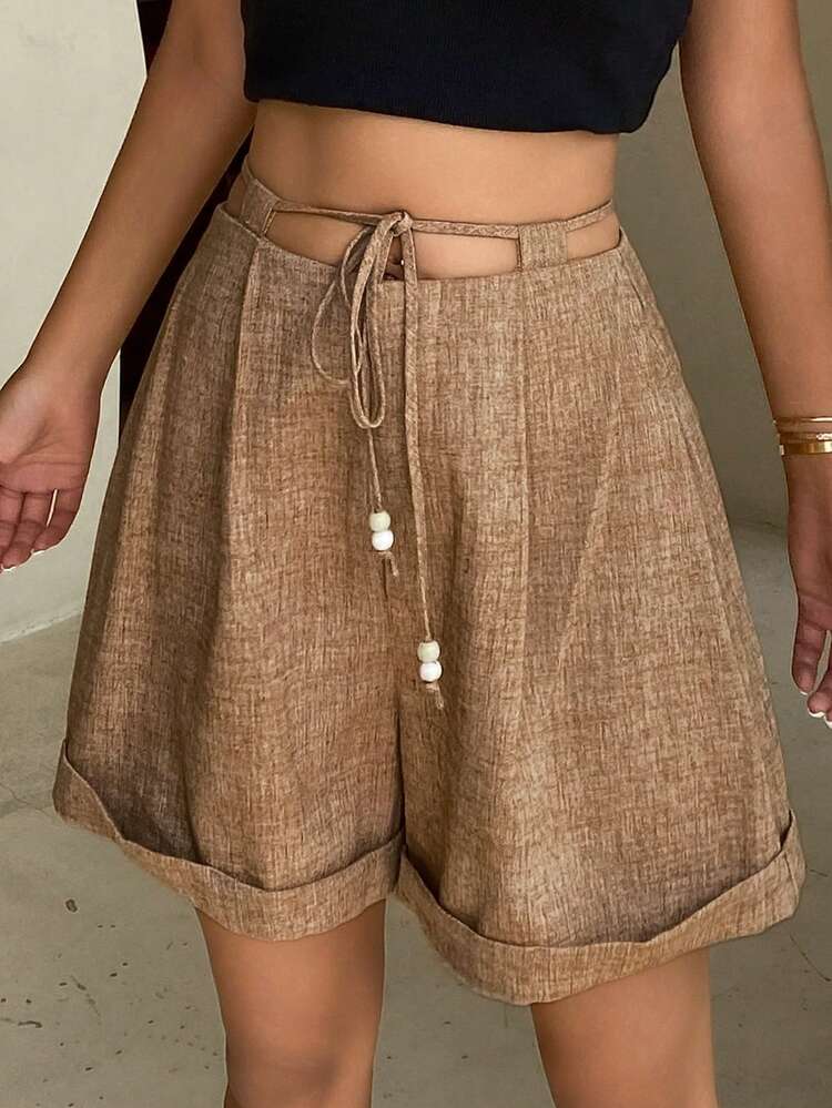 Women's Solid Color Loose Beaded Waist Cuffed Hem Casual Vacation Summer Shorts Linen